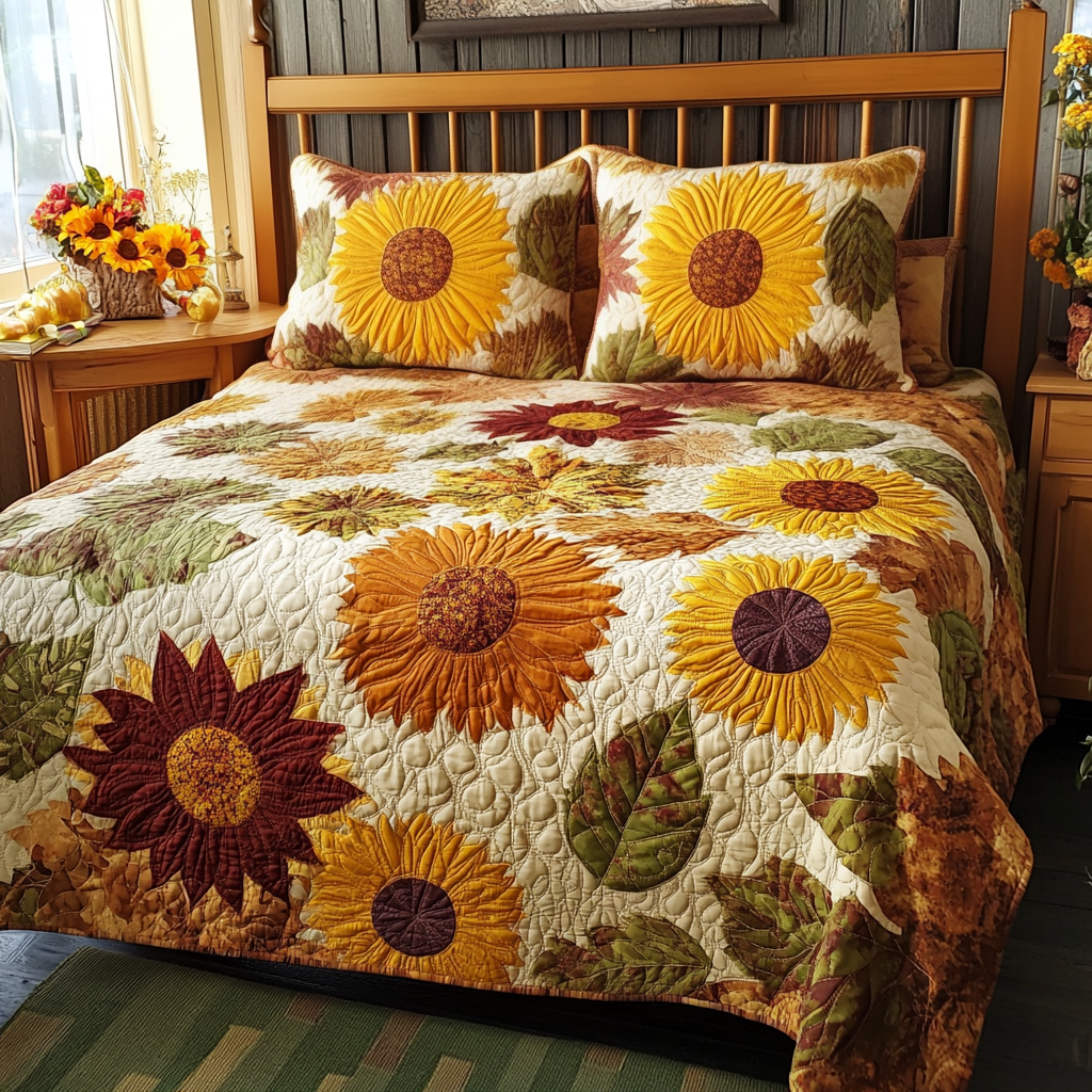 Sunflower Serenade 3-Piece Quilted Bedding Set Lightweight Quilt Set Nature Lover Gift Fall Decor Gift