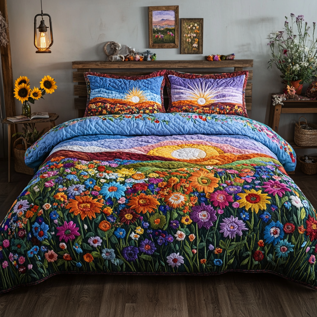 Sunny Blooms Quilted Bedding Set Lightweight Quilt Set Nature Lover Gift Fall Decor Gift