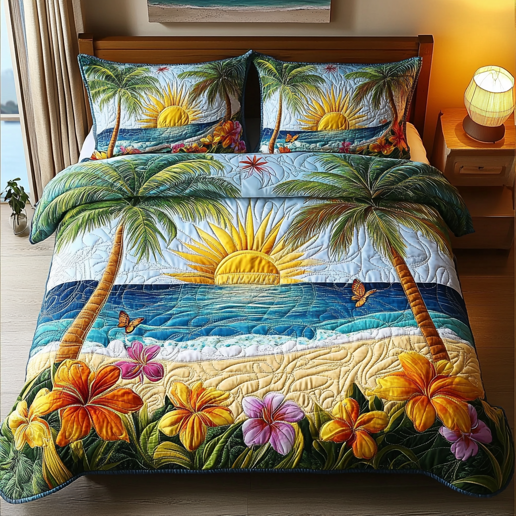 Sunset Blooms Quilted Bedding Set Fall Quilt Sets Nature Lover Gift Fall Decor Gift