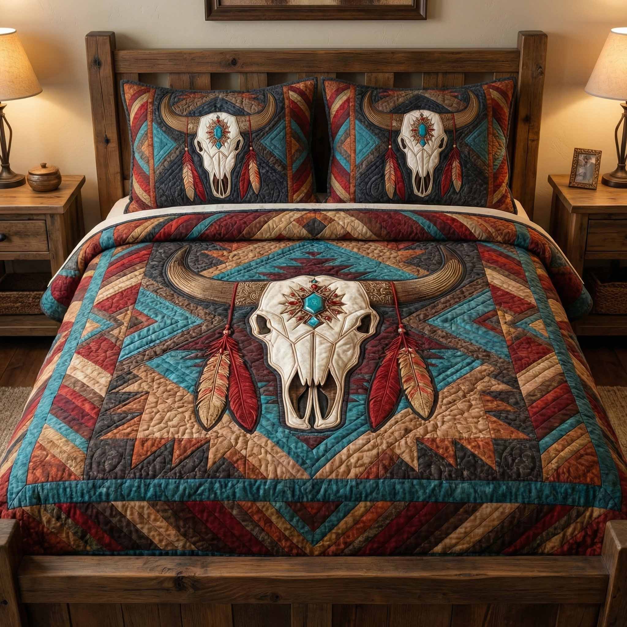 Sunset Longhorn 3-Piece Quilted Bedding Set Quilted Bedspread Nature Lover Gift Fall Decor Gift
