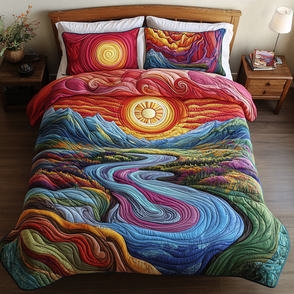 Sunset Stream 3-Piece Quilted Bedding Set Bedspread Set Nature Lover Gift Fall Decor Gift