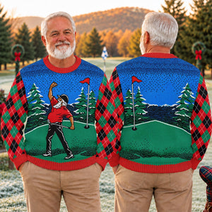 Christmas Golfer Red Plaid Ugly Sweater, Christmas Golf Gift, Funny Holiday Sweater