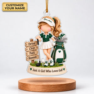 Custom Name Green Golf Girl Acrylic Ornament, Christmas Tree Decor, Golf Lover Gifts