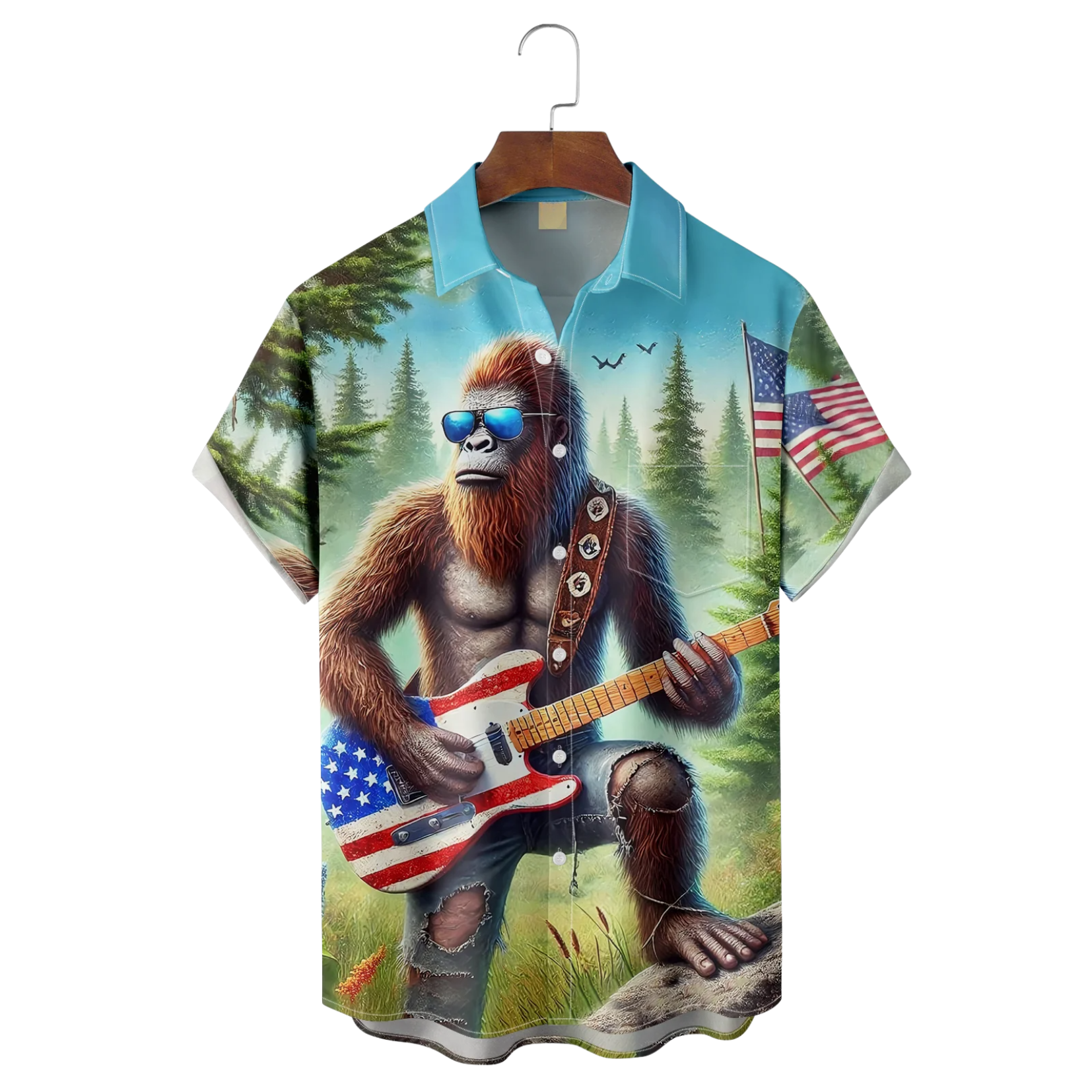 American Flag Patriot Bigfoot Guitar Rock Hawaiian Golf Shirt, 250th Anniversary Tropical Vibe Men's Golf Shirt
