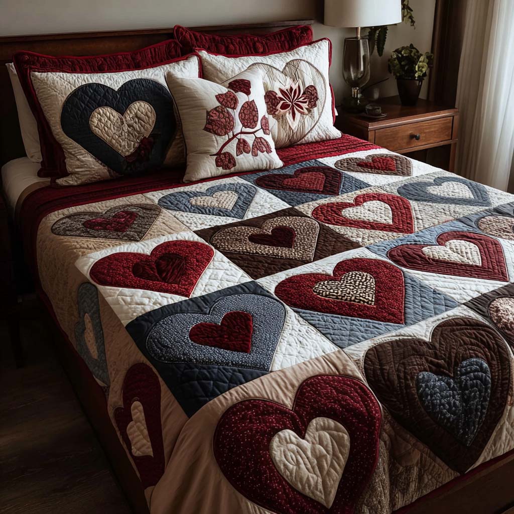 Timeless Hearts 3-Piece Quilted Bedding Set Lightweight Quilt Set 4th Of July Gift