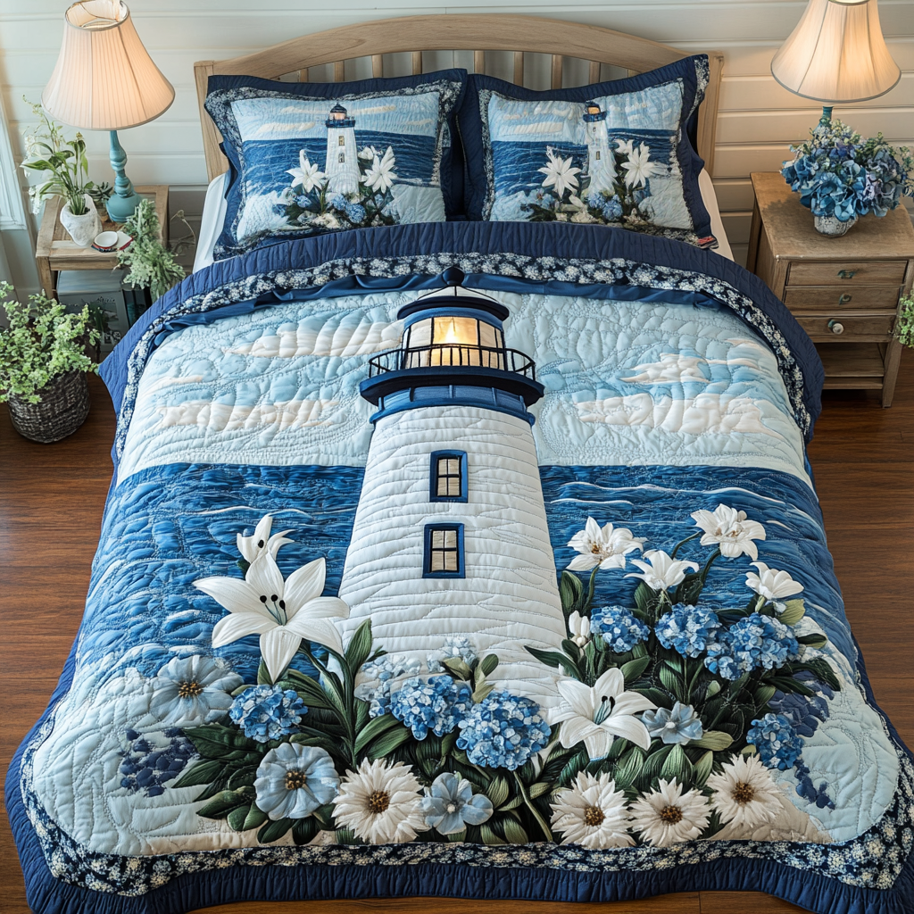 Tranquil Lighthouse 3-Piece Quilted Bedding Set Quilted Bedspread Housewarming Gift