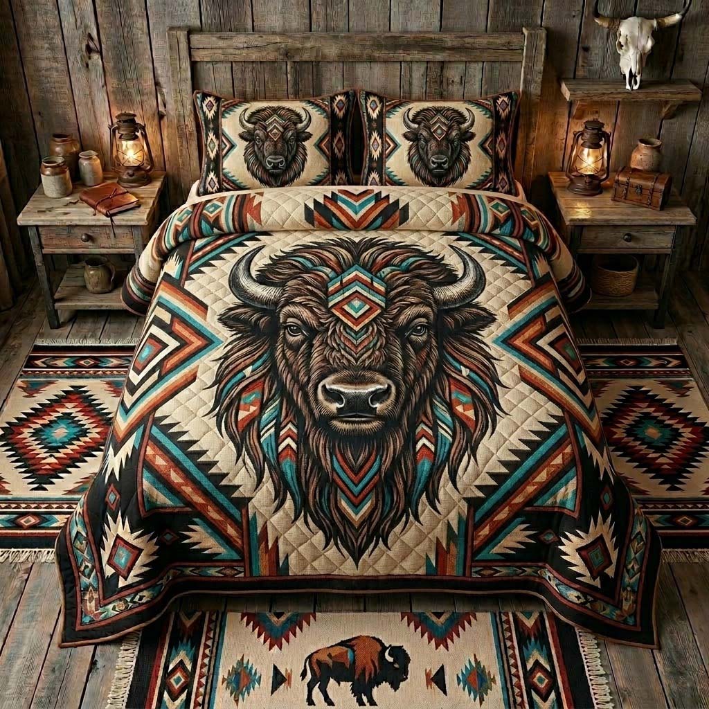 Tribal Spirit Bison Quilted Bedding Set Bedspread Set Housewarming Gift