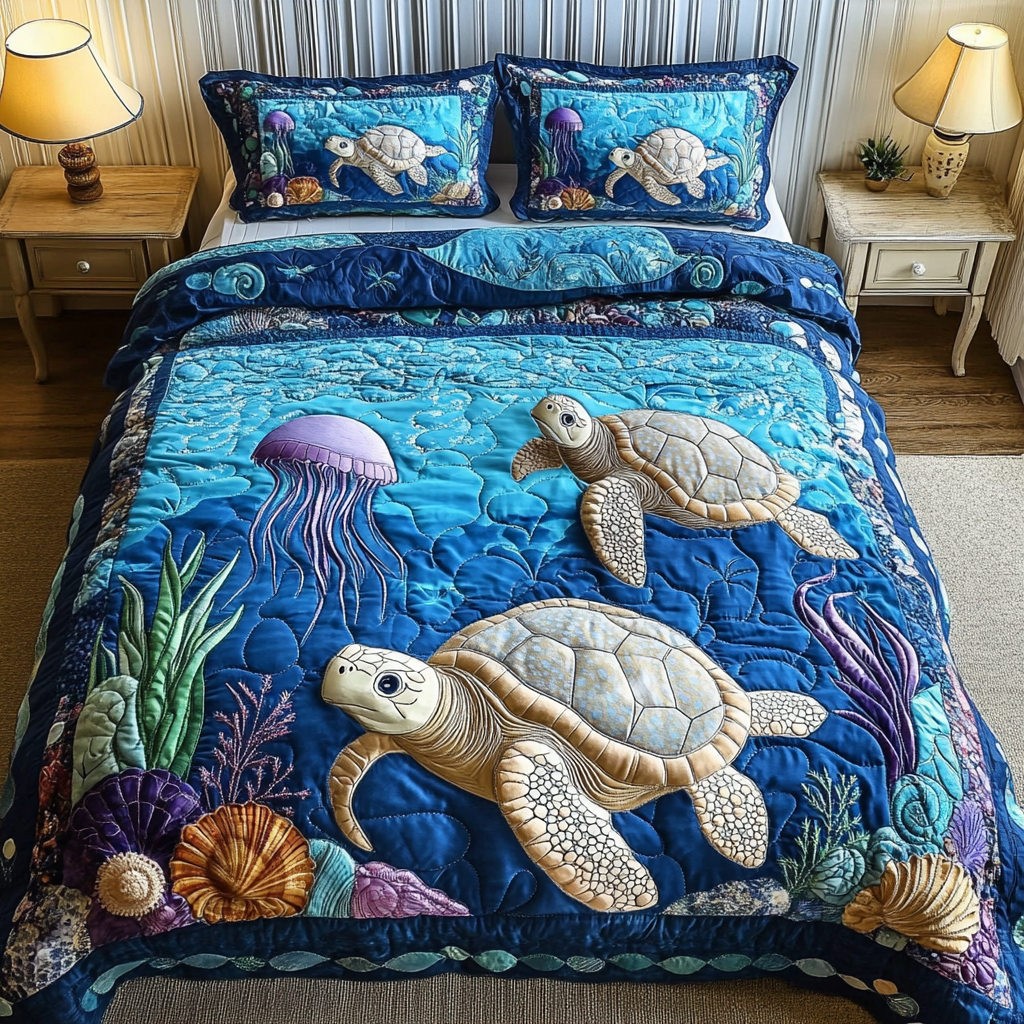 Turtle Tranquil Quilted Bedding Set Fall Quilt Sets Nature Lover Gift Fall Decor Gift