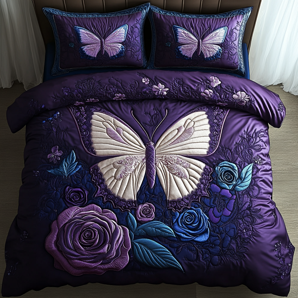 Twilight Butterfly Rose Quilted Bedding Set Bedspread Set New Home Gift