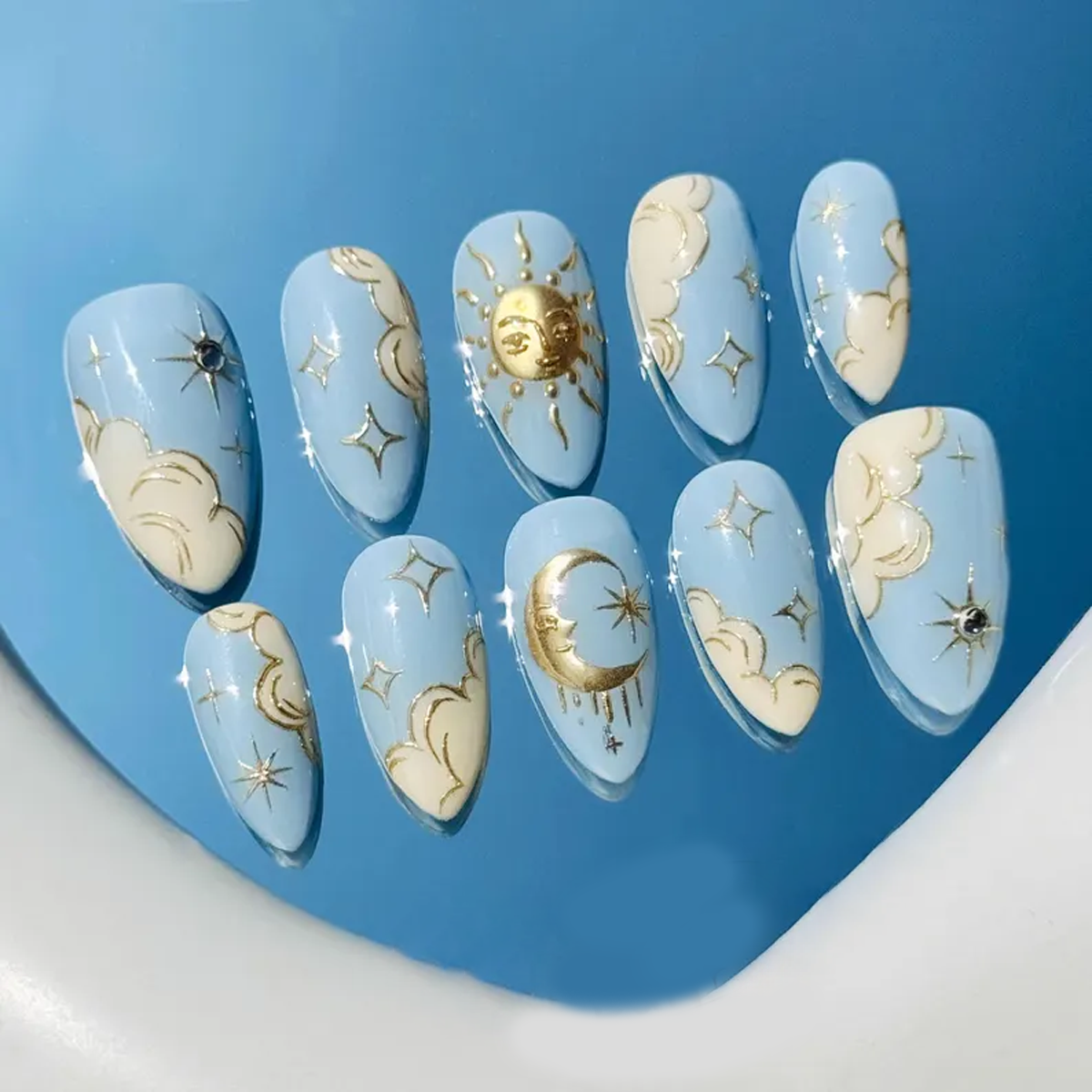 268 "Glow" Press on Nails: Chrome, Sun, Moon, Blue Sky, Clouds, Stars, Custom Hand-painted