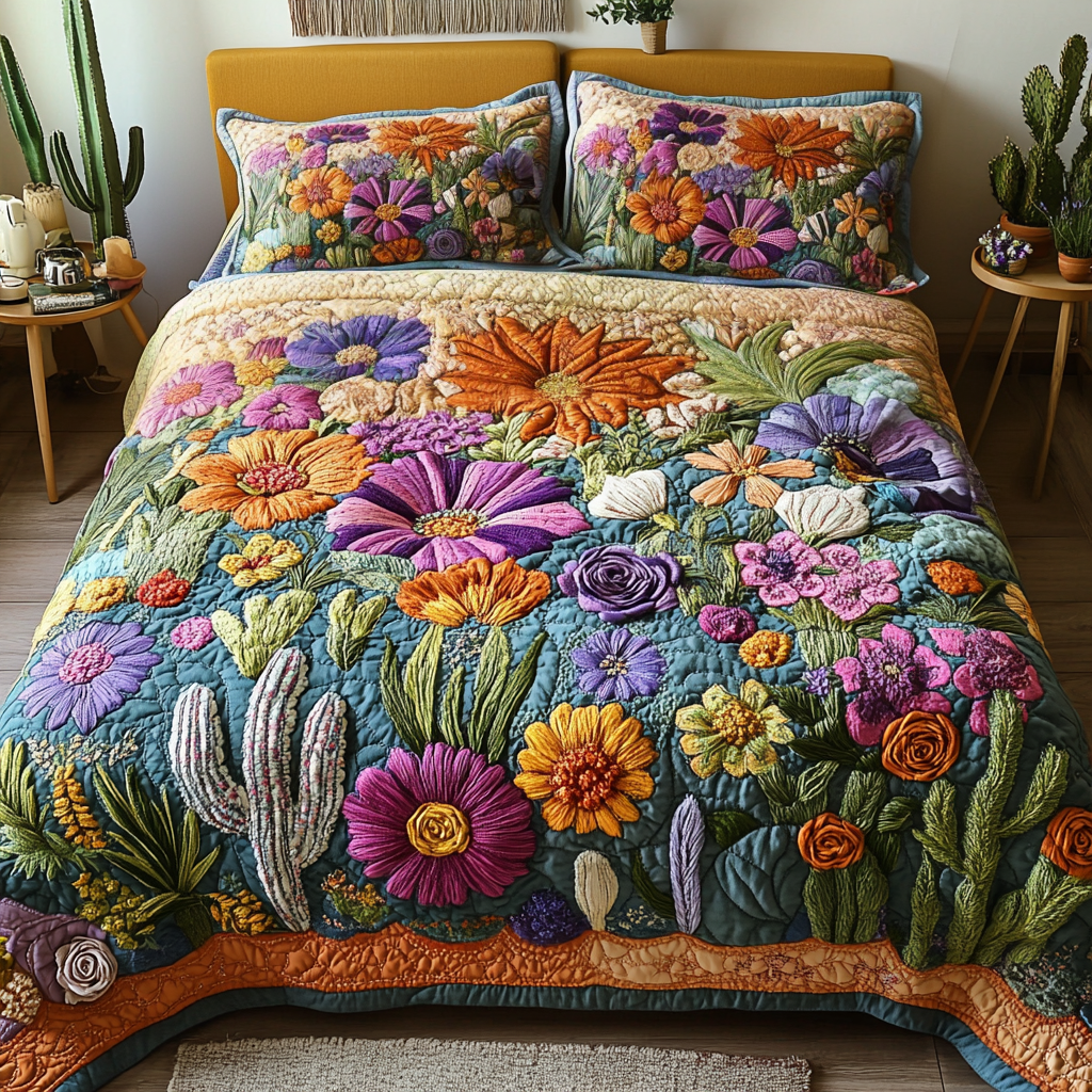 Vibrant Blooms 3-Piece Quilted Bedding Set Lightweight Quilt Set Nature Lover Gift Fall Decor Gift