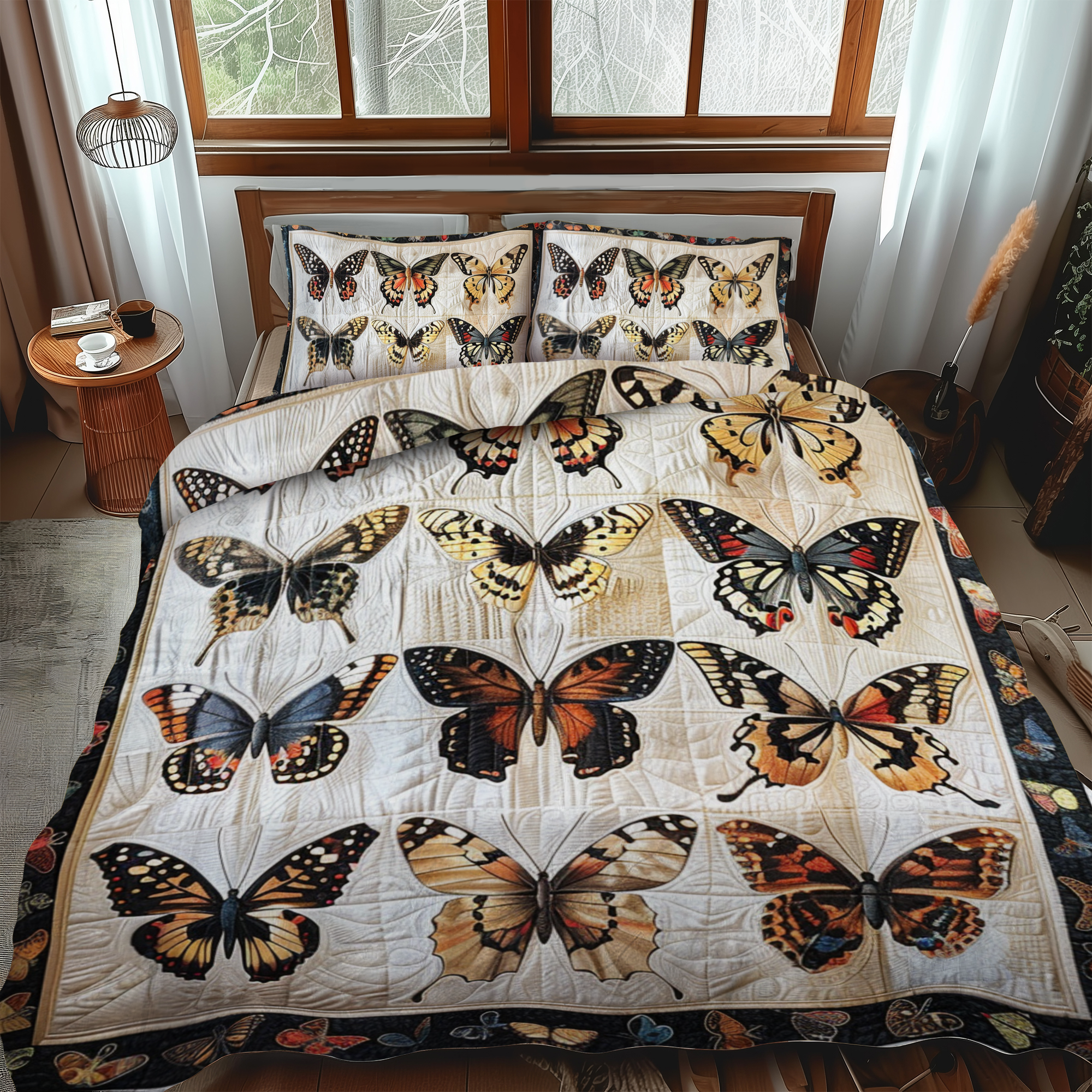 Vibrant Butterflies Quilted Bedding Set Lightweight Quilt Set Mothers Day Gift