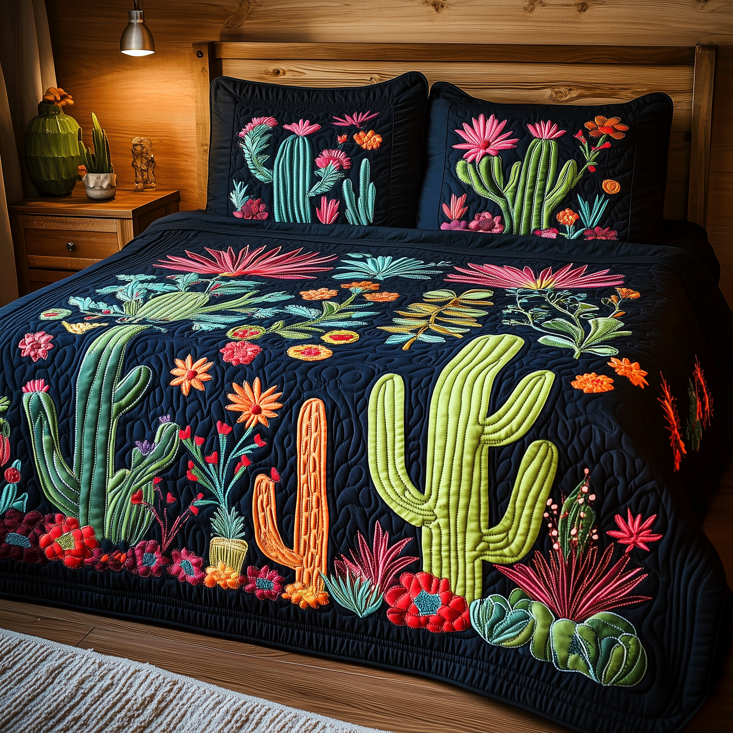 Vibrant Cactus 3-Piece Quilted Bedding Set Fall Quilt Sets Nature Lover Gift Fall Decor Gift