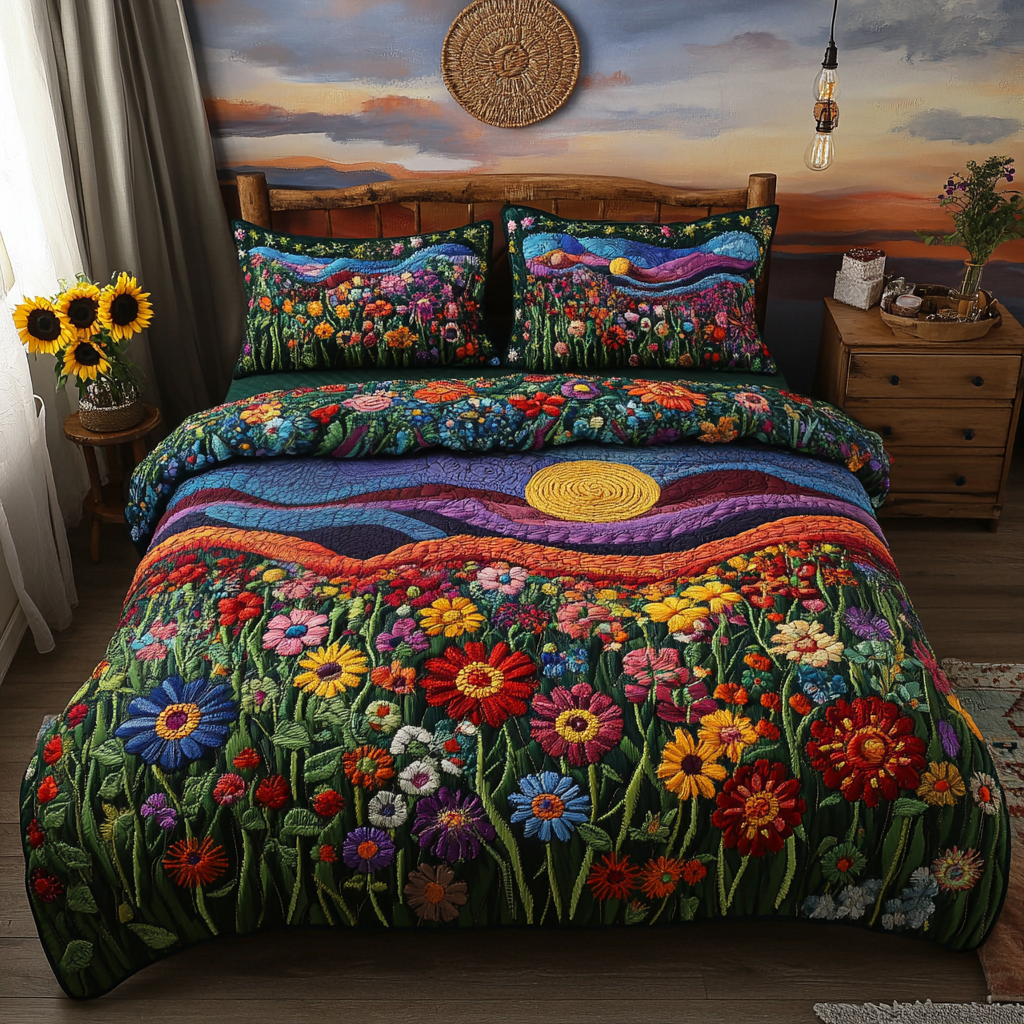 Vibrant Meadows 3-Piece Quilted Bedding Set Bedspread Set Nature Lover Gift Fall Decor Gift