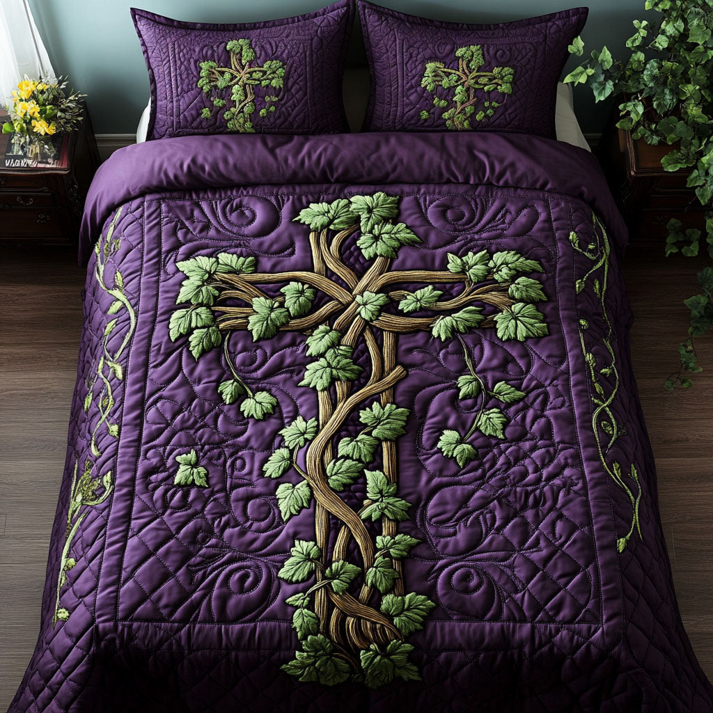 Vine Cross Quilted Bedding Set Lightweight Quilt Set Housewarming Gift