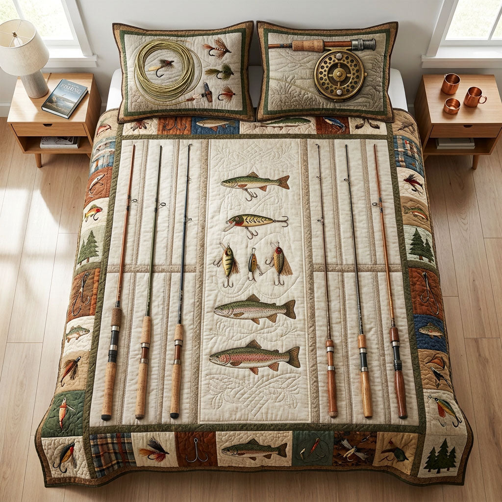 Vintage Tackle 3-Piece Quilted Bedding Set Quilted Bedspread Mothers Day Gift
