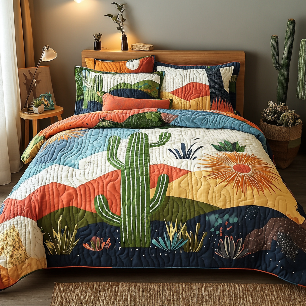Vivid Cactus Haven Quilted Bedding Set Lightweight Quilt Set Nature Lover Gift Fall Decor Gift