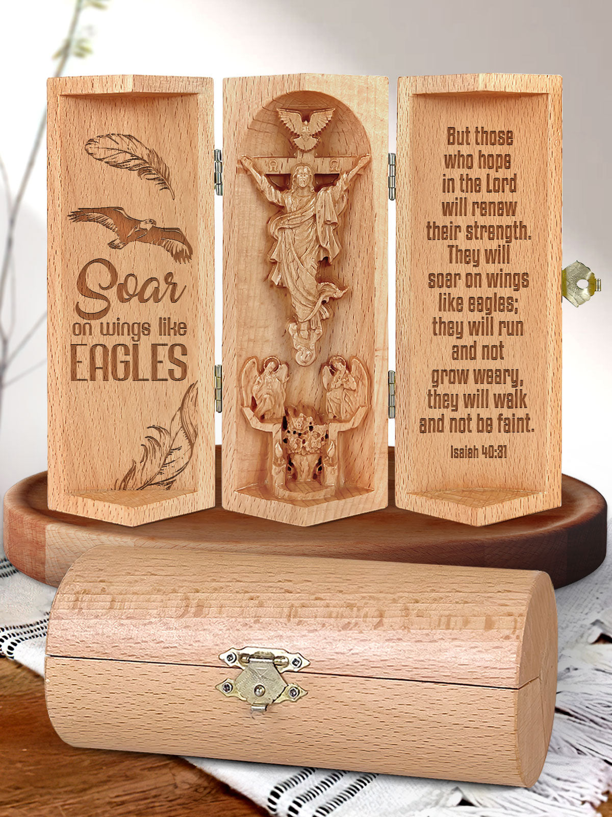 Soar On Wings Like Eagles, Openable Wooden Cylinder Sculpture of Jesus Christ, Christian Gifts