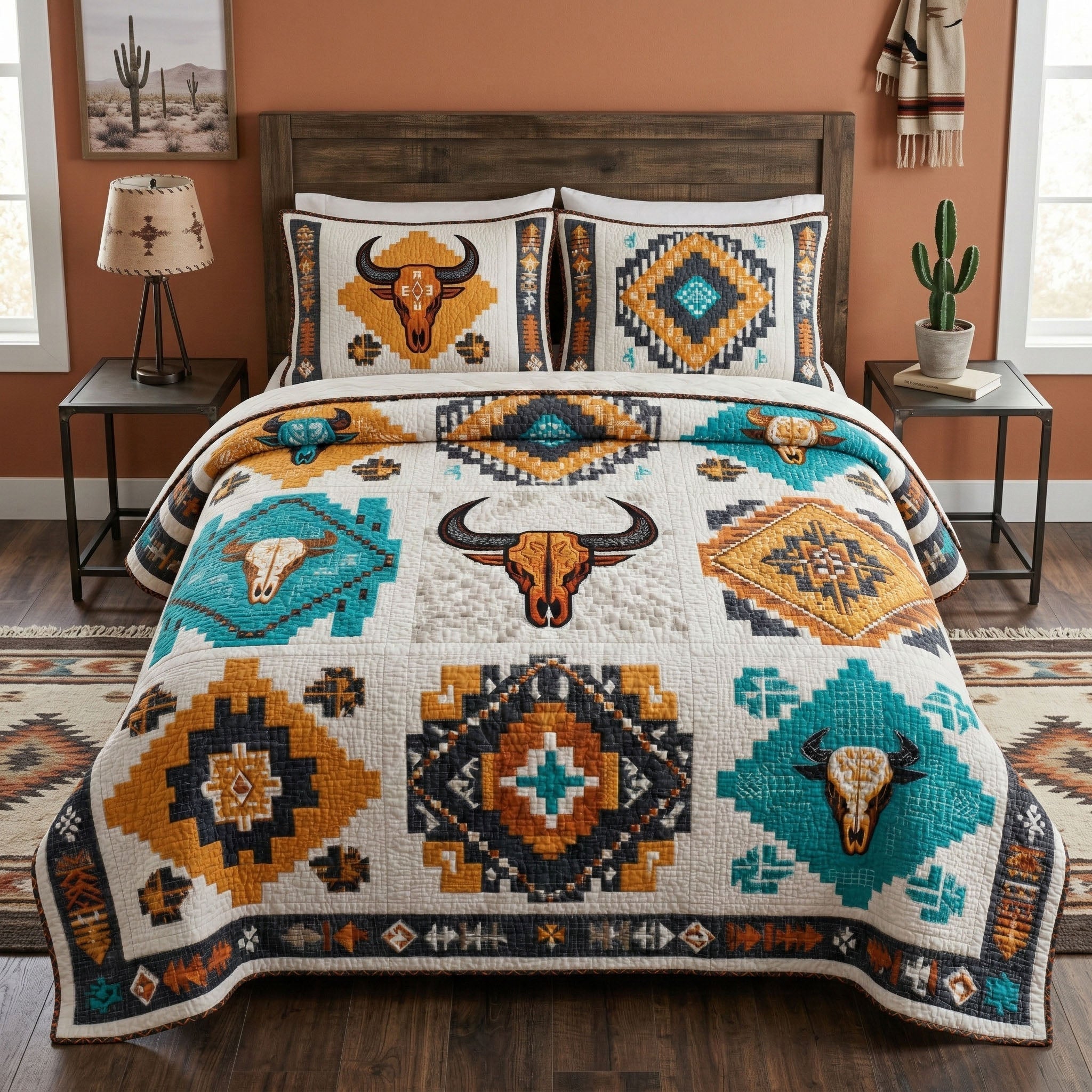 Western Skull Quilted Bedding Set Quilted Bedspread Housewarming Gift