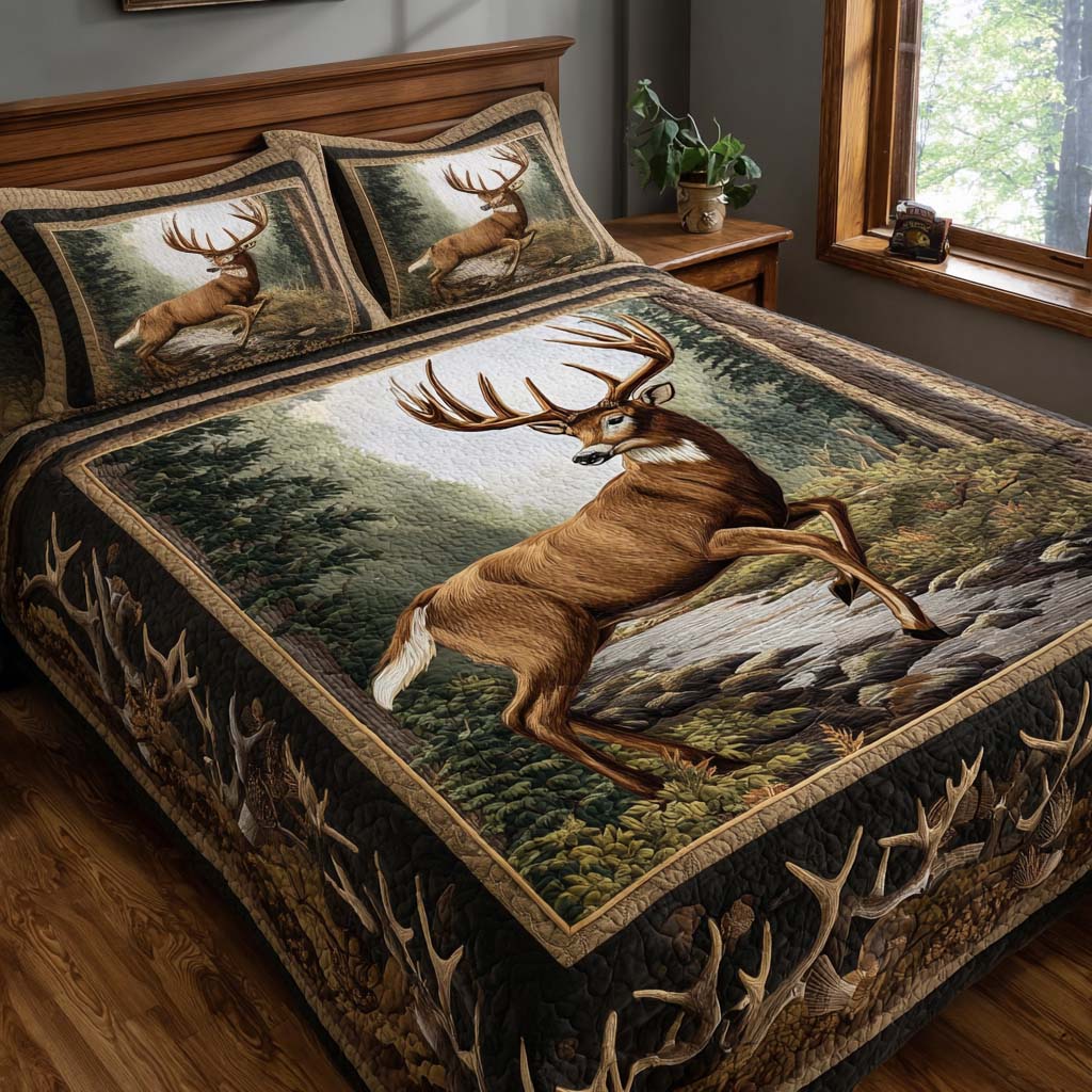 Wild Antlers 3-Piece Quilted Bedding Set Fall Quilt Sets New Home Gift