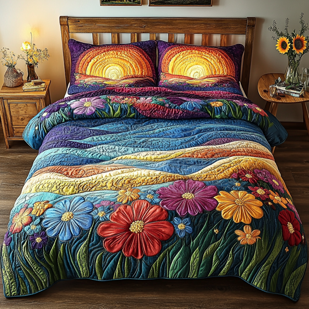 Wildflower Views 3-Piece Quilted Bedding Set Fall Quilt Sets Nature Lover Gift Fall Decor Gift