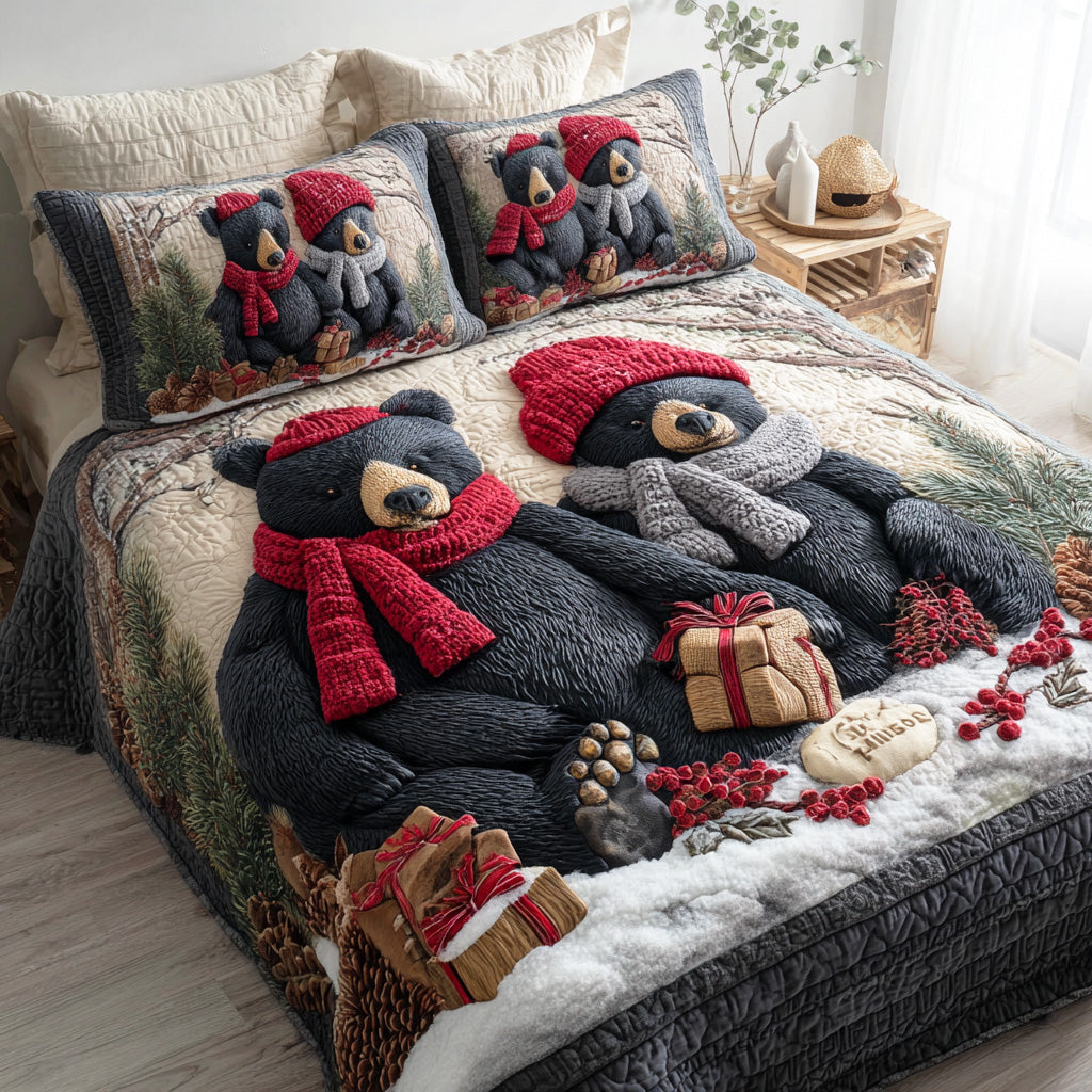 Winter Gathering Bear Quilted Bedding Set Quilted Bedspread Housewarming Gift
