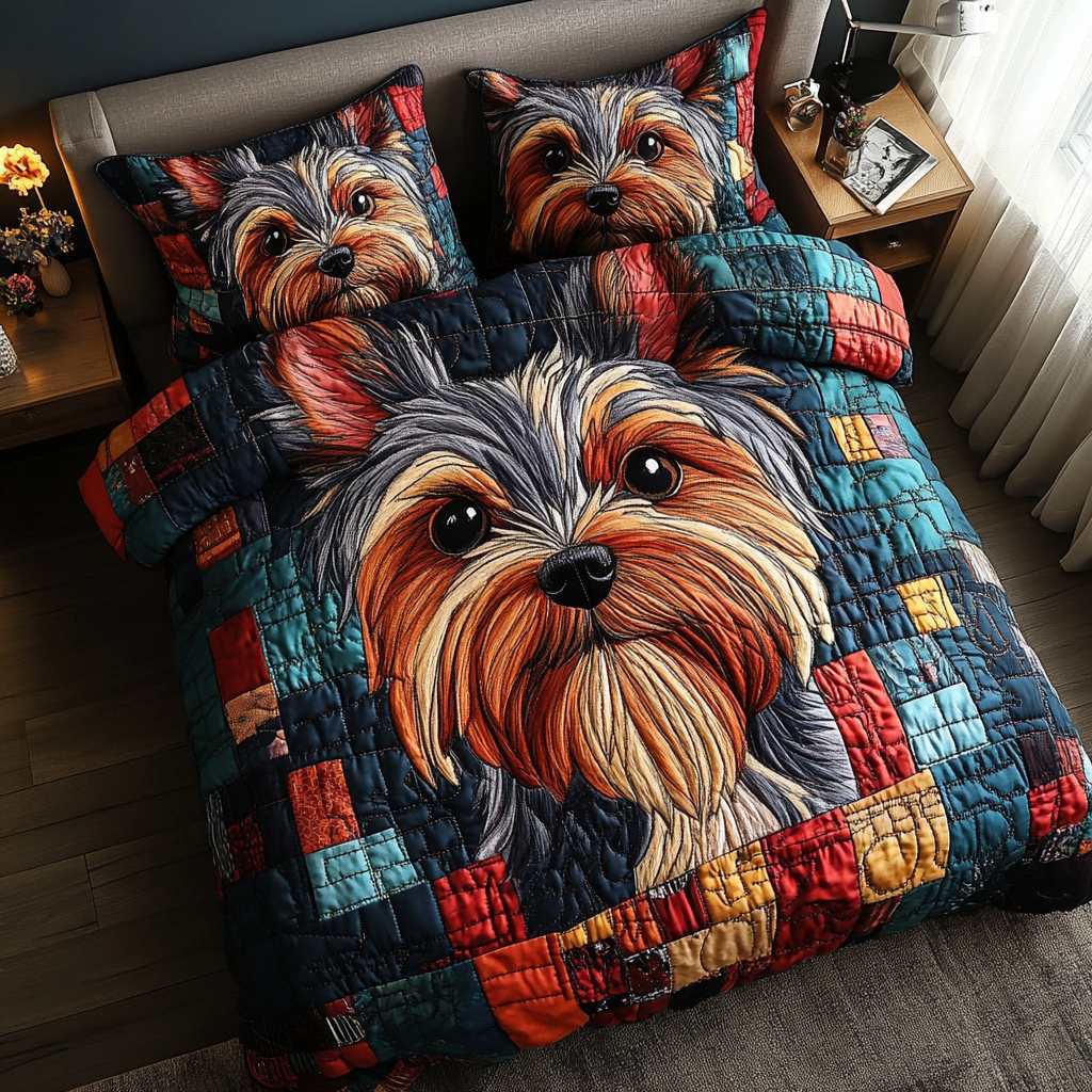 Yorkie Whimsy Quilted Bedding Set Quilted Bedspread Pet Lover Gift Fall Decor Gift