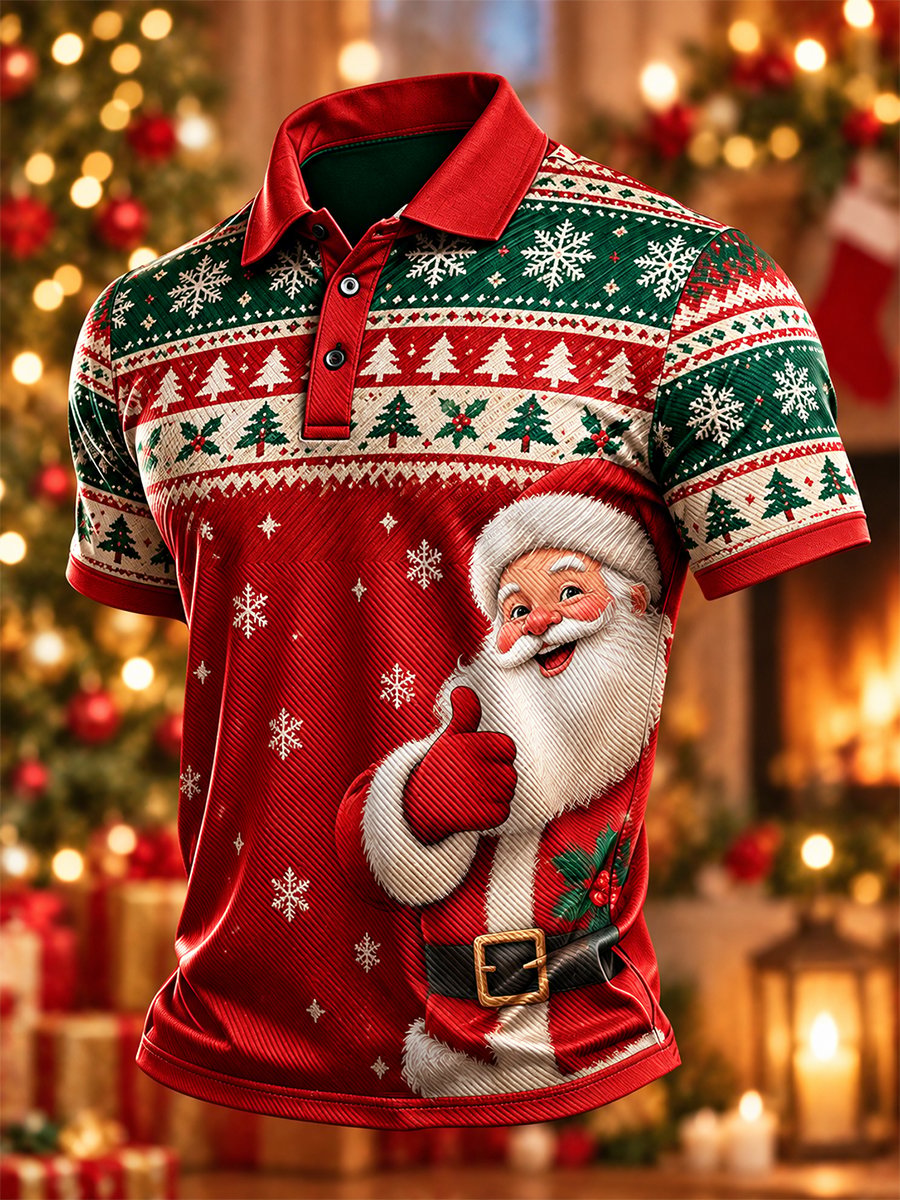 Fair Isle Thumbs Up Santa Christmas Polo Shirt for Men