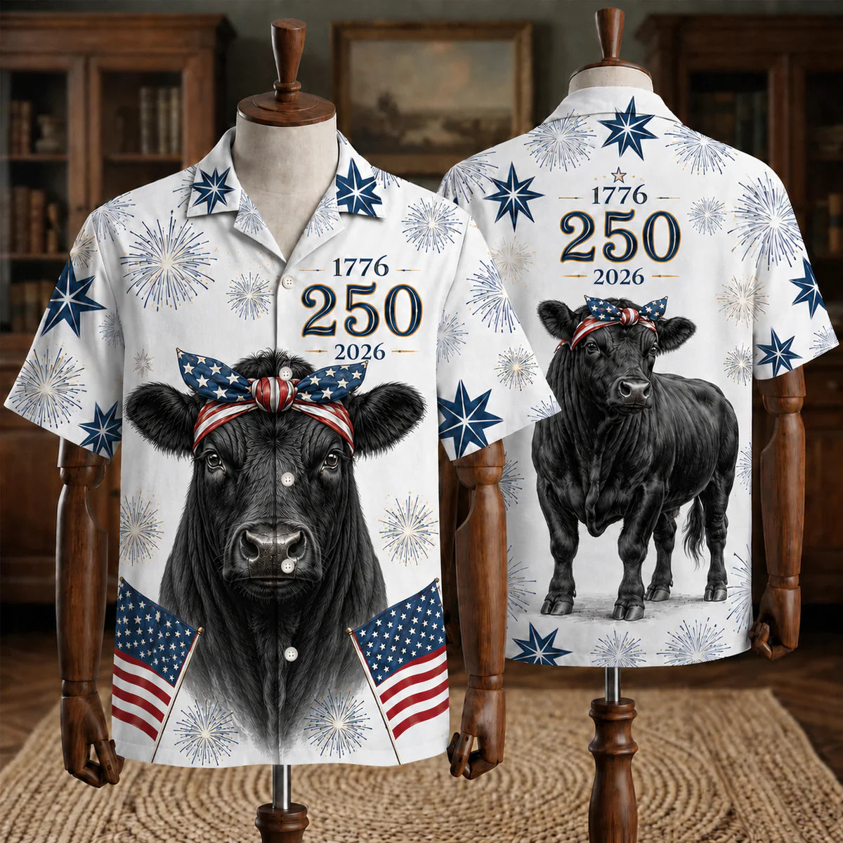 Black Angus Cow USA 250th Anniversary Hawaiian Shirt, Patriotic Shirt, 4th Of July Shirt