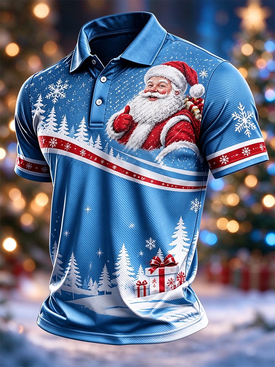 Sky Blue Santa Claus Gift Christmas Polo Shirt for Men