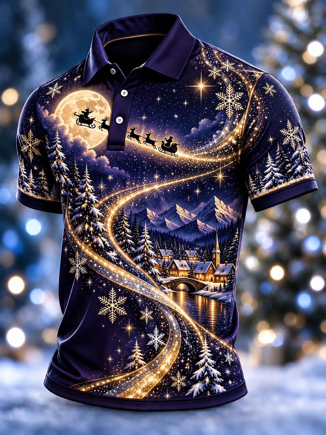 Purple Starry Night Santa Sleigh Christmas Polo Shirt for Men