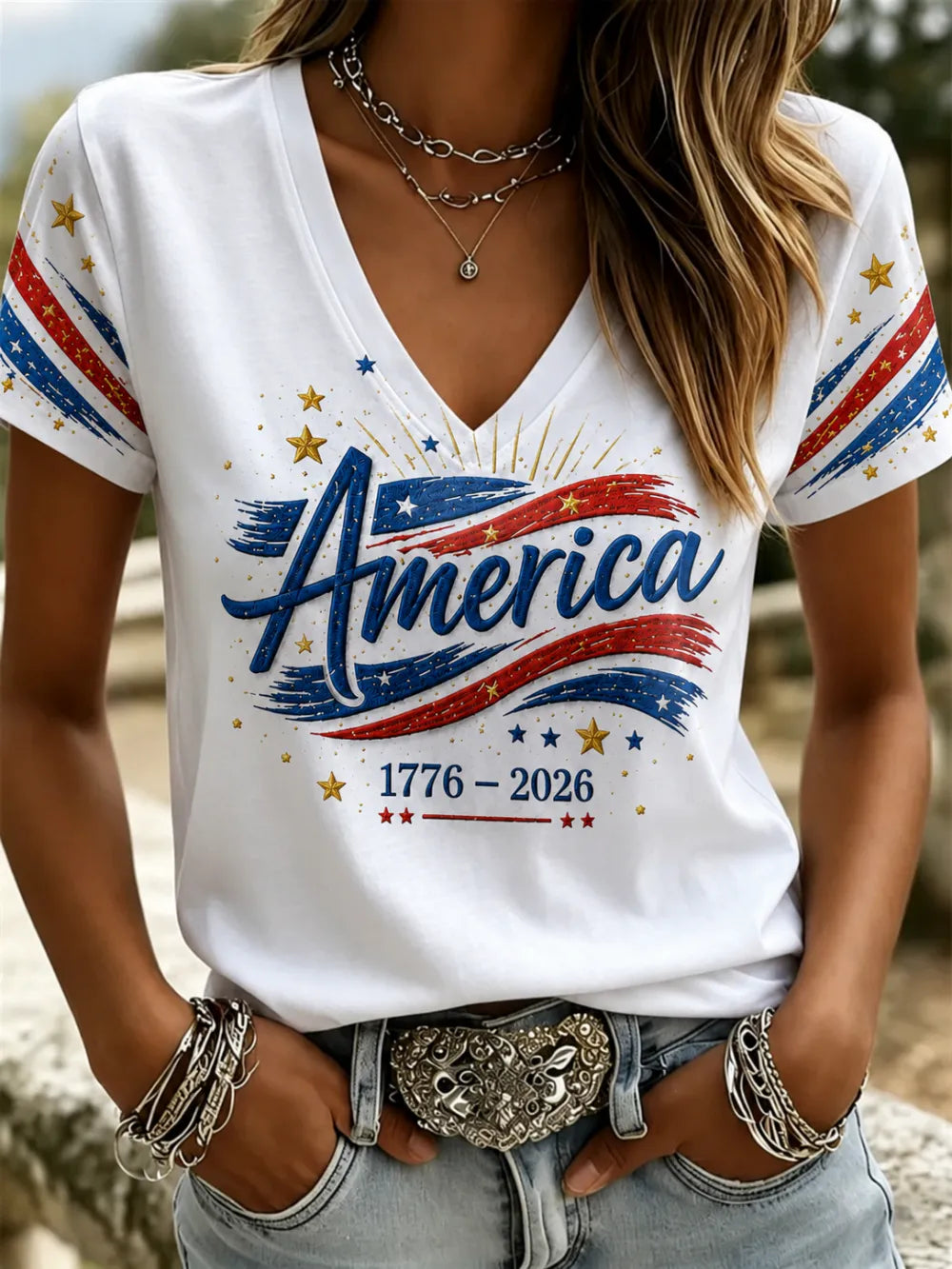 America 1776 2026 Stars V-Neck T-Shirt, USA 250th Anniversary Shirt, American Flag Shirt