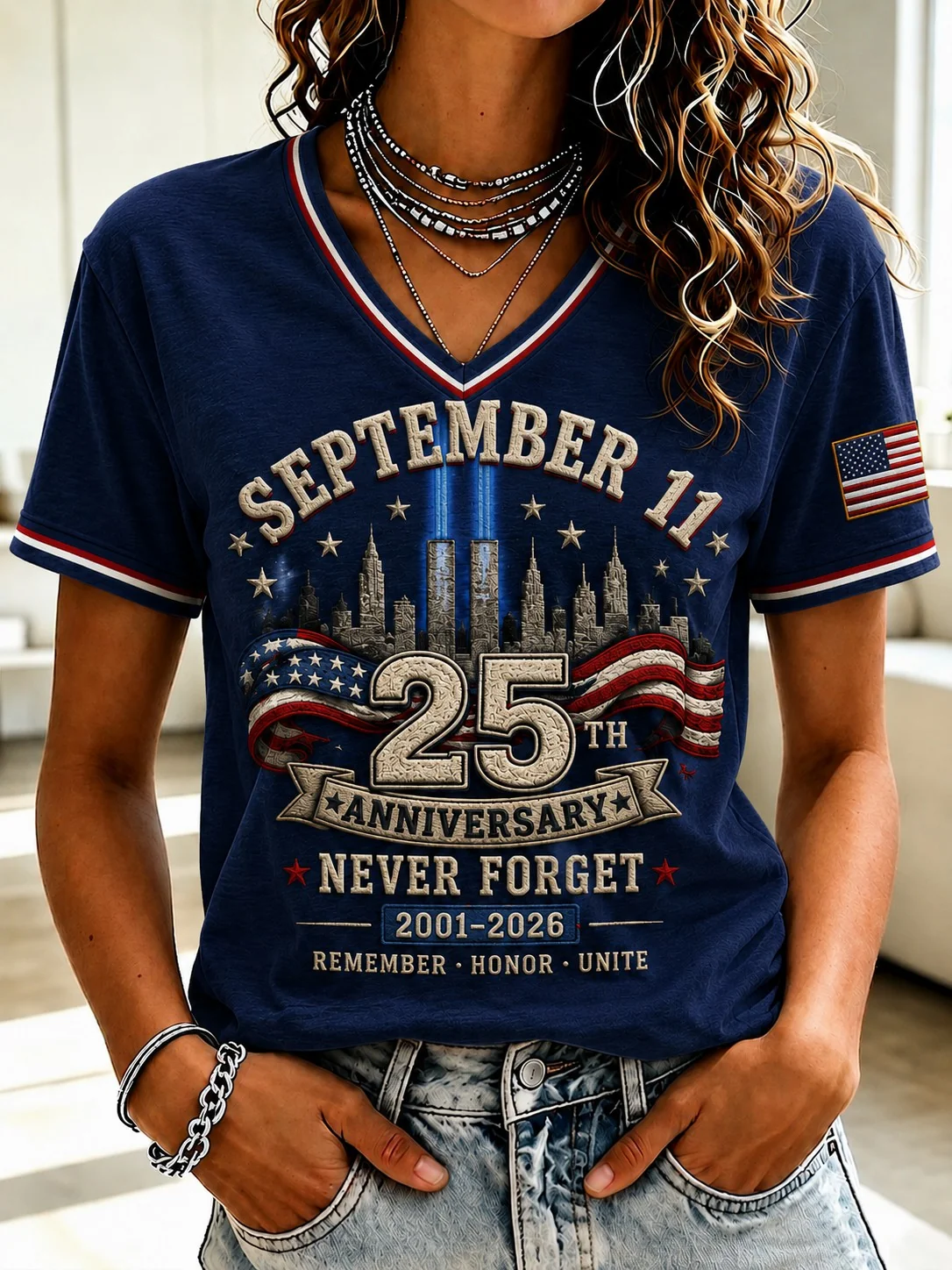 25th Anniversary September 11 V-Neck Shirt, Women's Graphic Tee, 9 11 Memorial Shirt