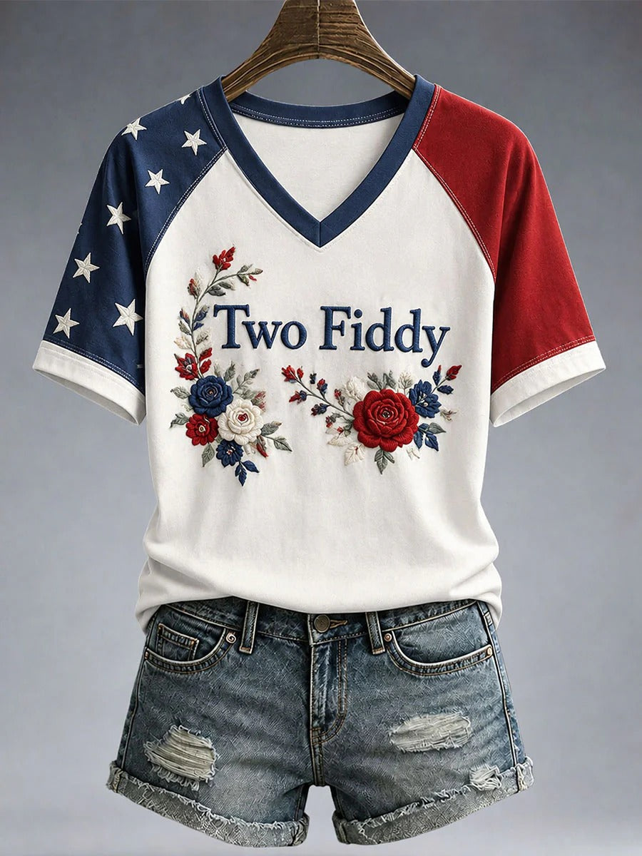 Patriotic Floral Two Fiddy Embroidered Women's V-Neck T-Shirt, America Shirt, Women’s Patriotic Shirt