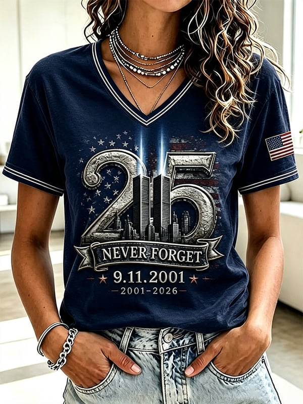 25th Anniversary Never Forget 9/11 V-Neck Shirt, Graphic Tees For Women, Patriotic Shirt