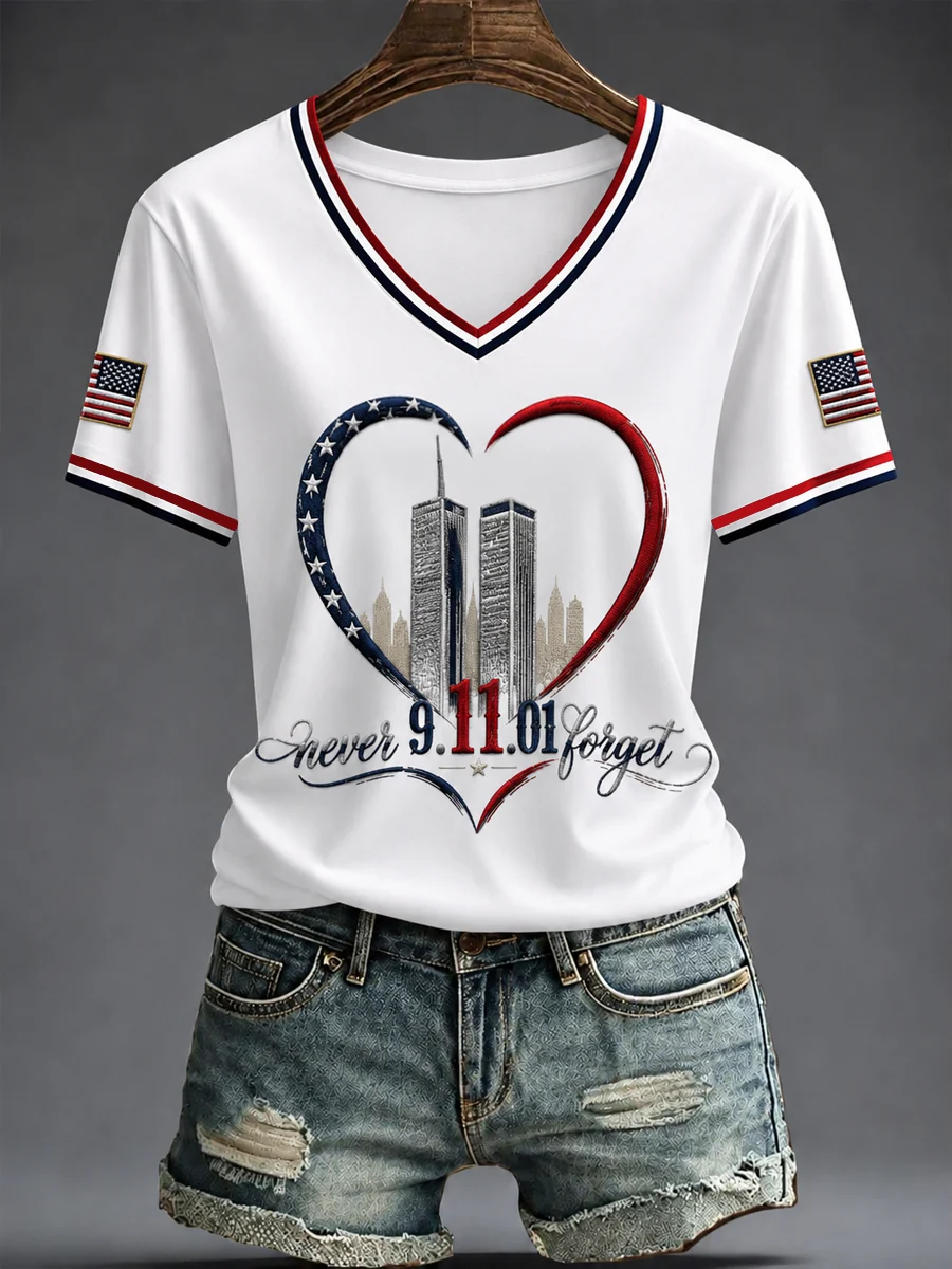 Never Forget 9 11 Heart Twin Towers V-Neck Shirt, Women's Graphic Tee, Memorial Shirt