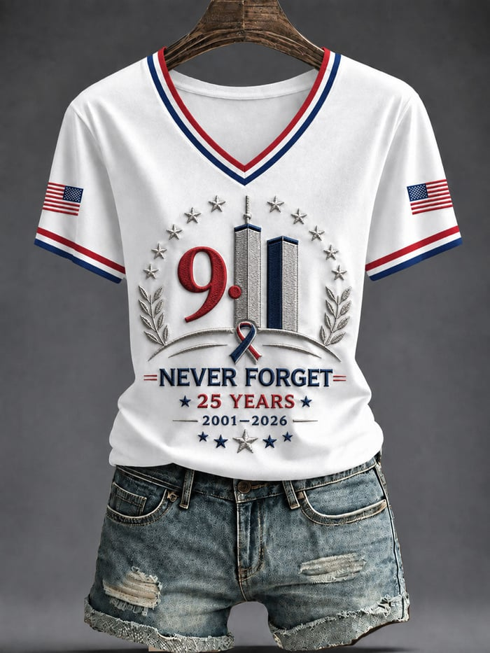 Never Forget 25 Years Twin Towers V-Neck Shirt, Women's Graphic Tee, September 11 Shirt