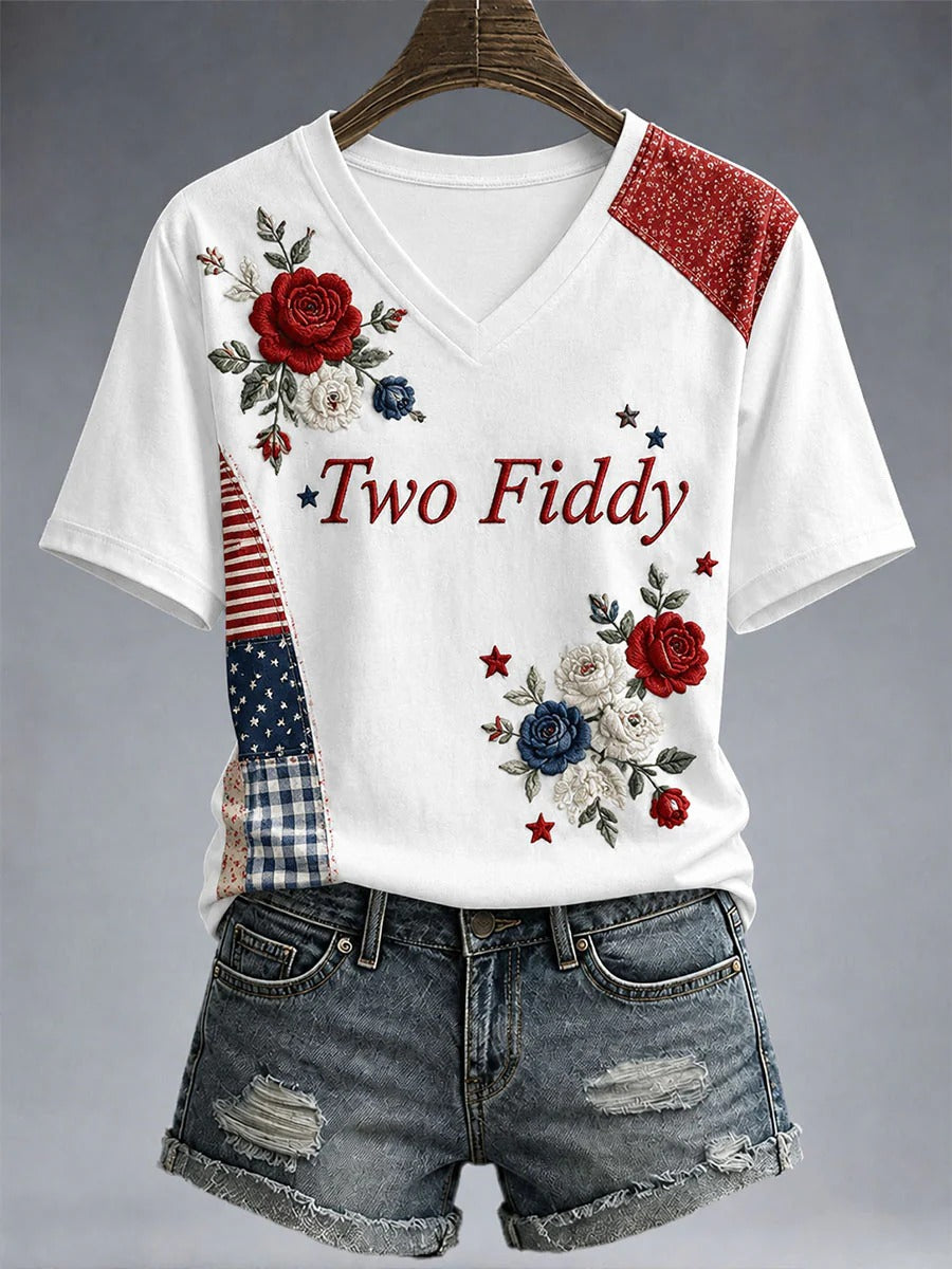 Patriotic Floral Patchwork Two Fiddy Women's V-Neck T-Shirt, America Shirt, Women’s Patriotic Shirt