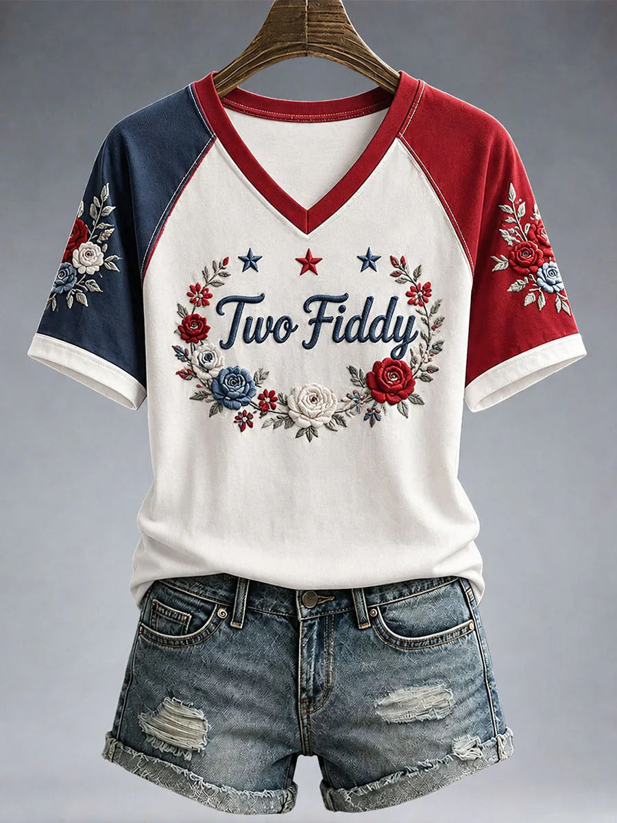 Patriotic Floral Patchwork Two Fiddy Women's V-Neck T-Shirt, America Shirt, Women’s Patriotic Shirt (Copy)