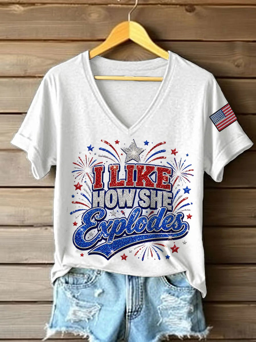 I Like How She Explodes Funny Patriotic Women's V-Neck T-Shirt, Fourth Of July Shirt, Women’s Patriotic Shirt