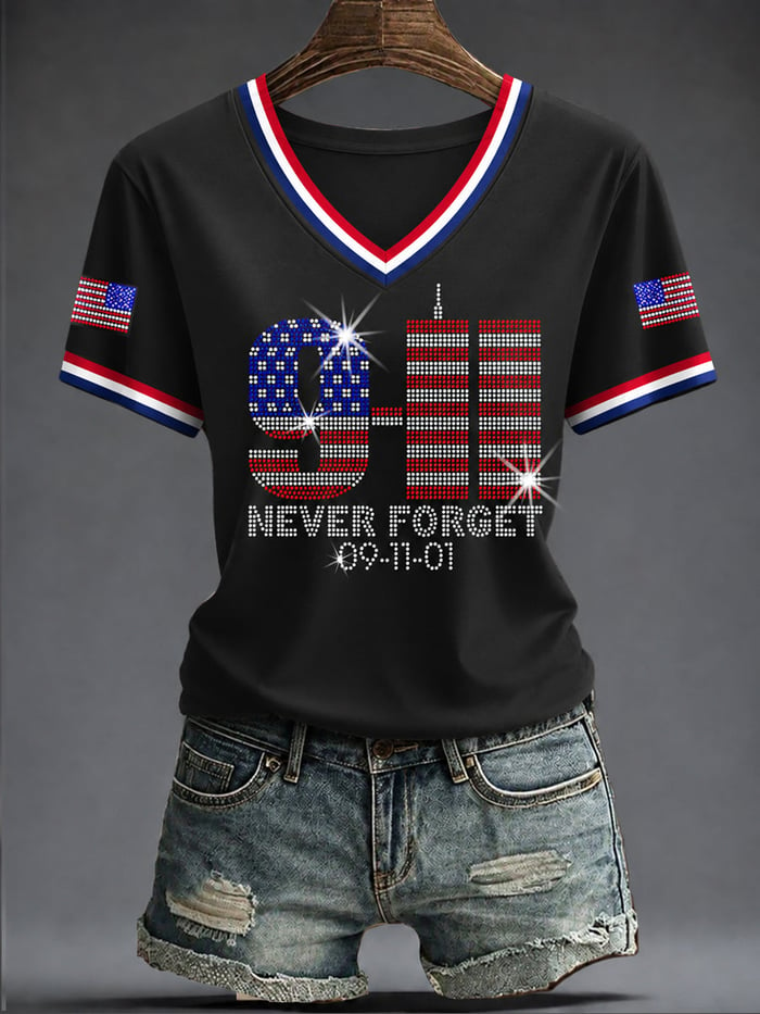 Rhinestone 911 Never Forget V-Neck Shirt, Women's Graphic Tee, September 11 Shirt