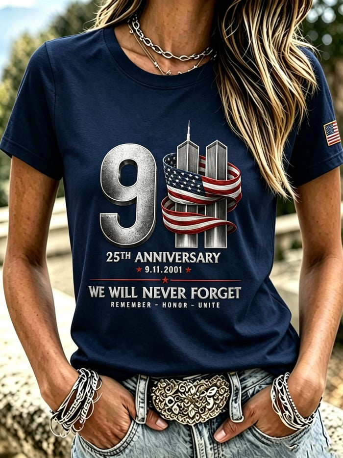 We Will Never Forget 9/11 Silver Towers Shirt, Women's Graphic Tee, American Flag Shirt