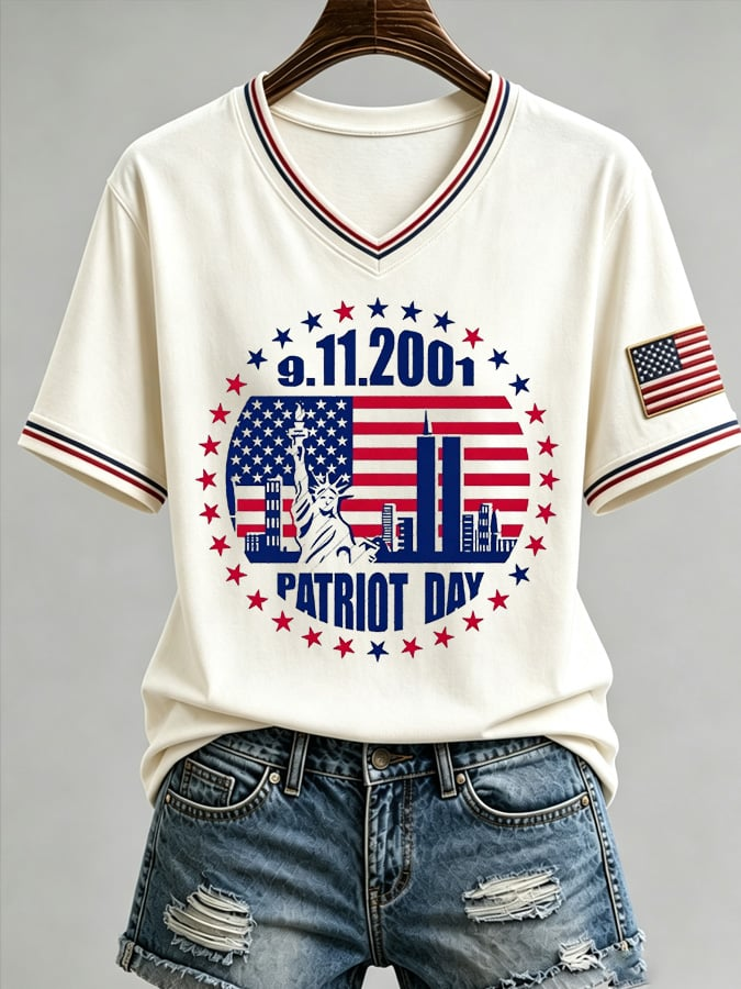 Patriot Day 9.11.2001 V-Neck Shirt, Women's Graphic Tee, American Flag Shirt