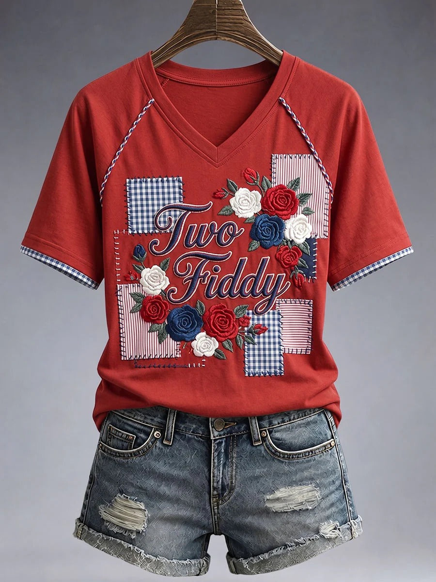 Patriotic Floral Patchwork Two Fiddy Women's V-Neck T-Shirt, Patriotic Shirt, USA Shirt