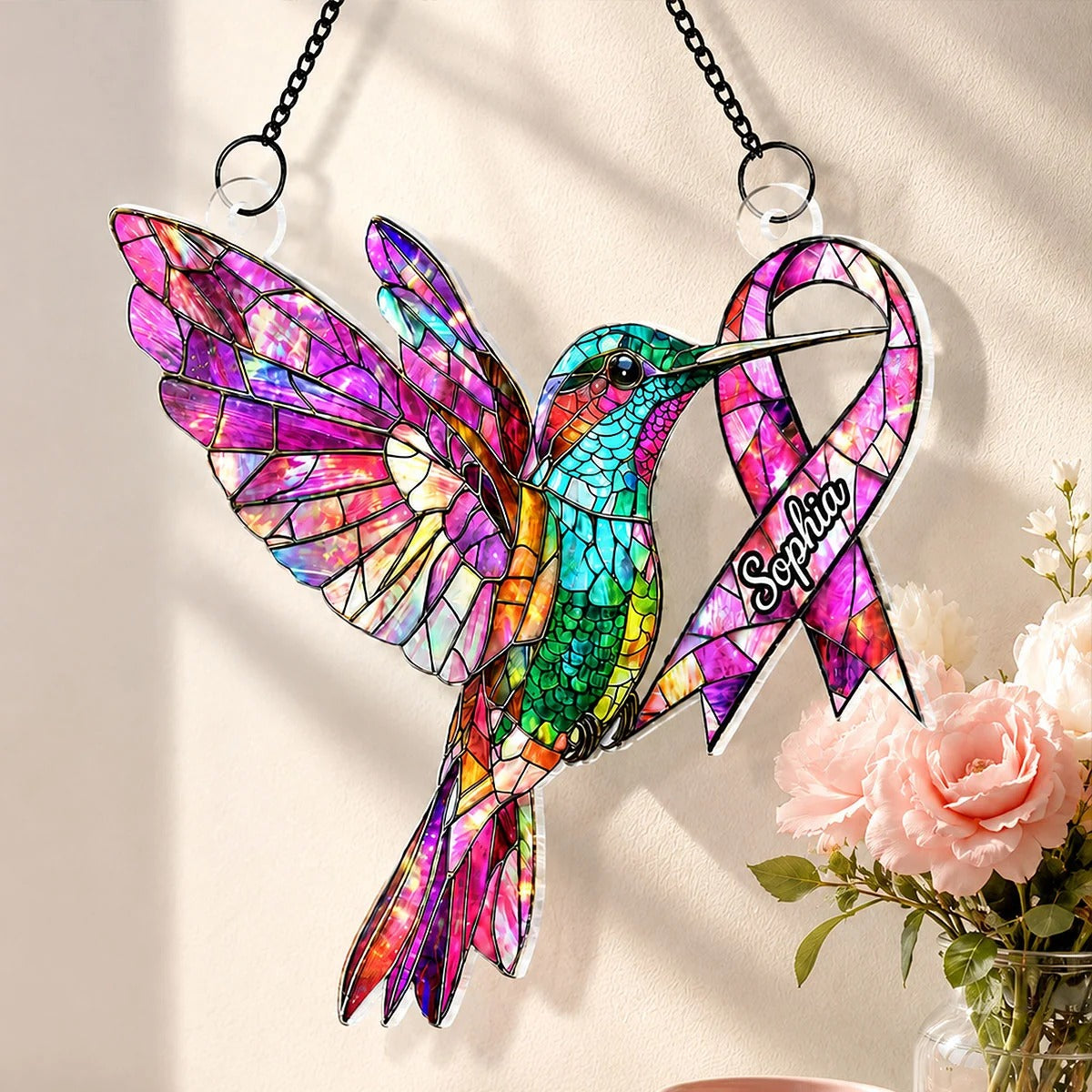 Pink Ribbon Hummingbird Acrylic Ornament, Breast Cancer Gifts, Christmas Ornaments