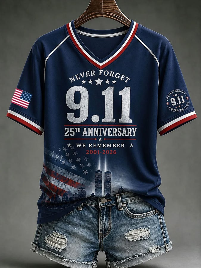 Never Forget 9 11 25th Anniversary V-Neck Shirt, Women's Graphic Tee, Patriotic