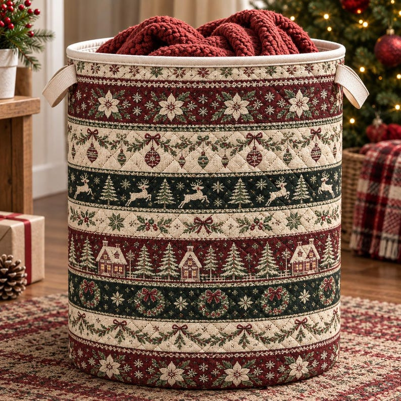 Christmas Reindeer Fair Isle Laundry Basket, Clothes Hamper, Christmas Gift For Mom