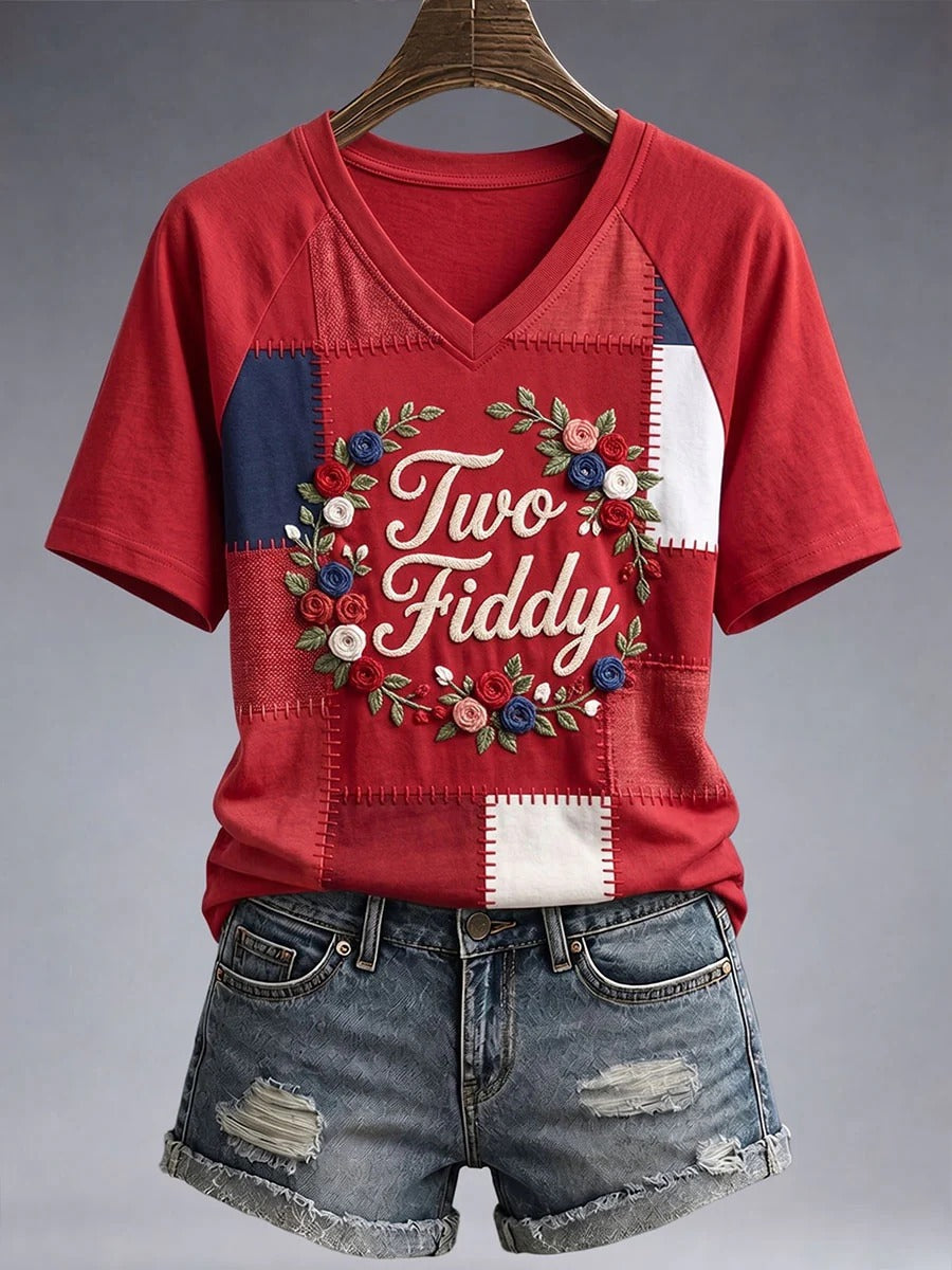 Patriotic Floral Patchwork Two Fiddy Women's V-Neck T-Shirt, America Shirt, USA Shirt