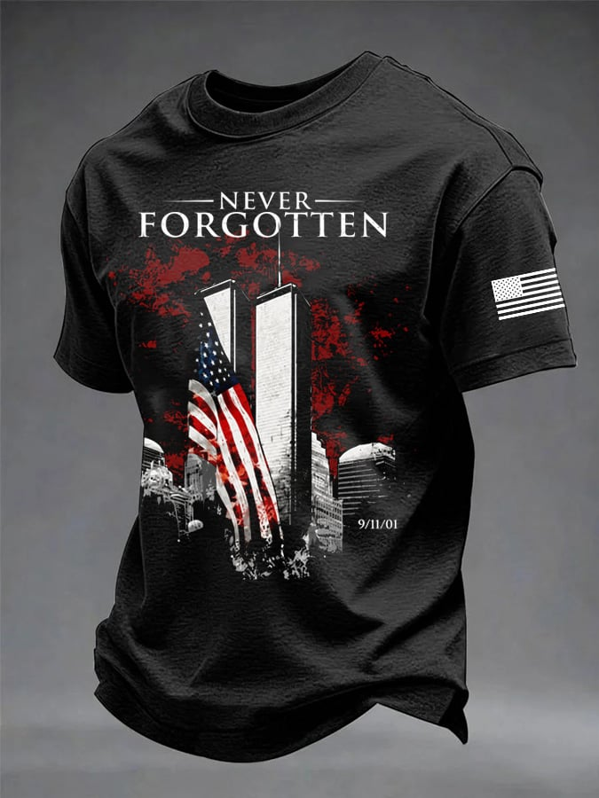 Never Forgotten Twin Towers 911 Shirt, Printed T-Shirt For Men, American Flag Shirt