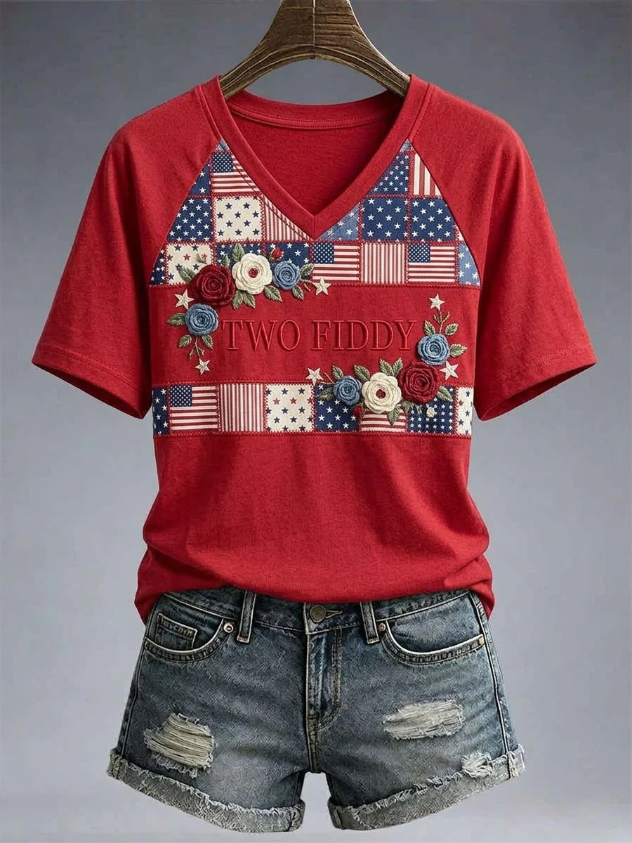 Patriotic American Flag Patchwork Two Fiddy Women's V-Neck T-Shirt, USA Shirt, America Shirt